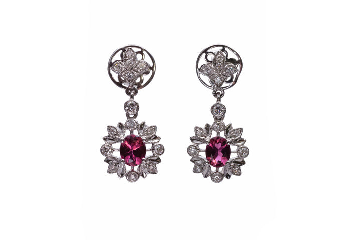 A pair of 18ct white gold tourmaline and diamond earrings.