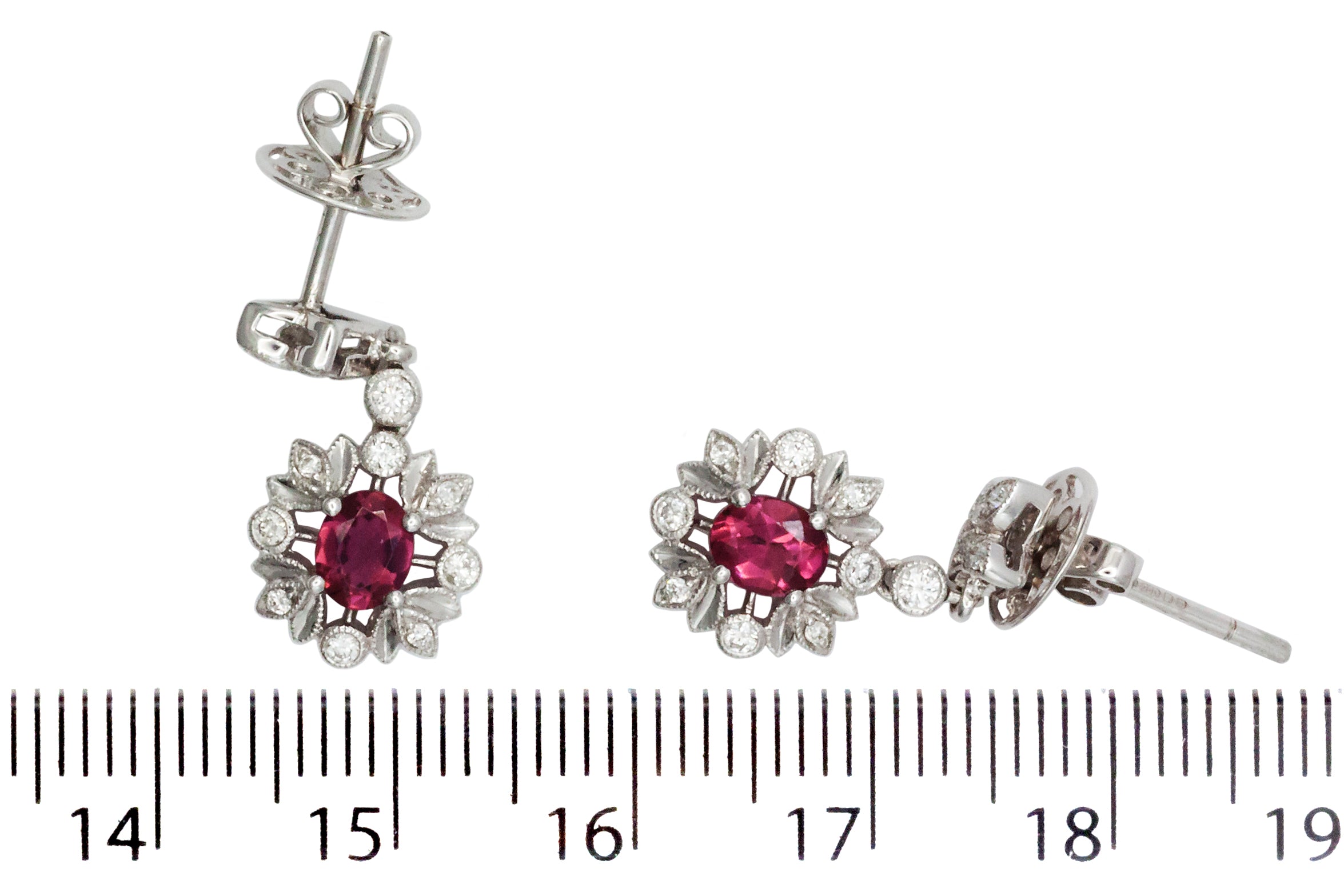 A pair of 18ct white gold tourmaline and diamond earrings.