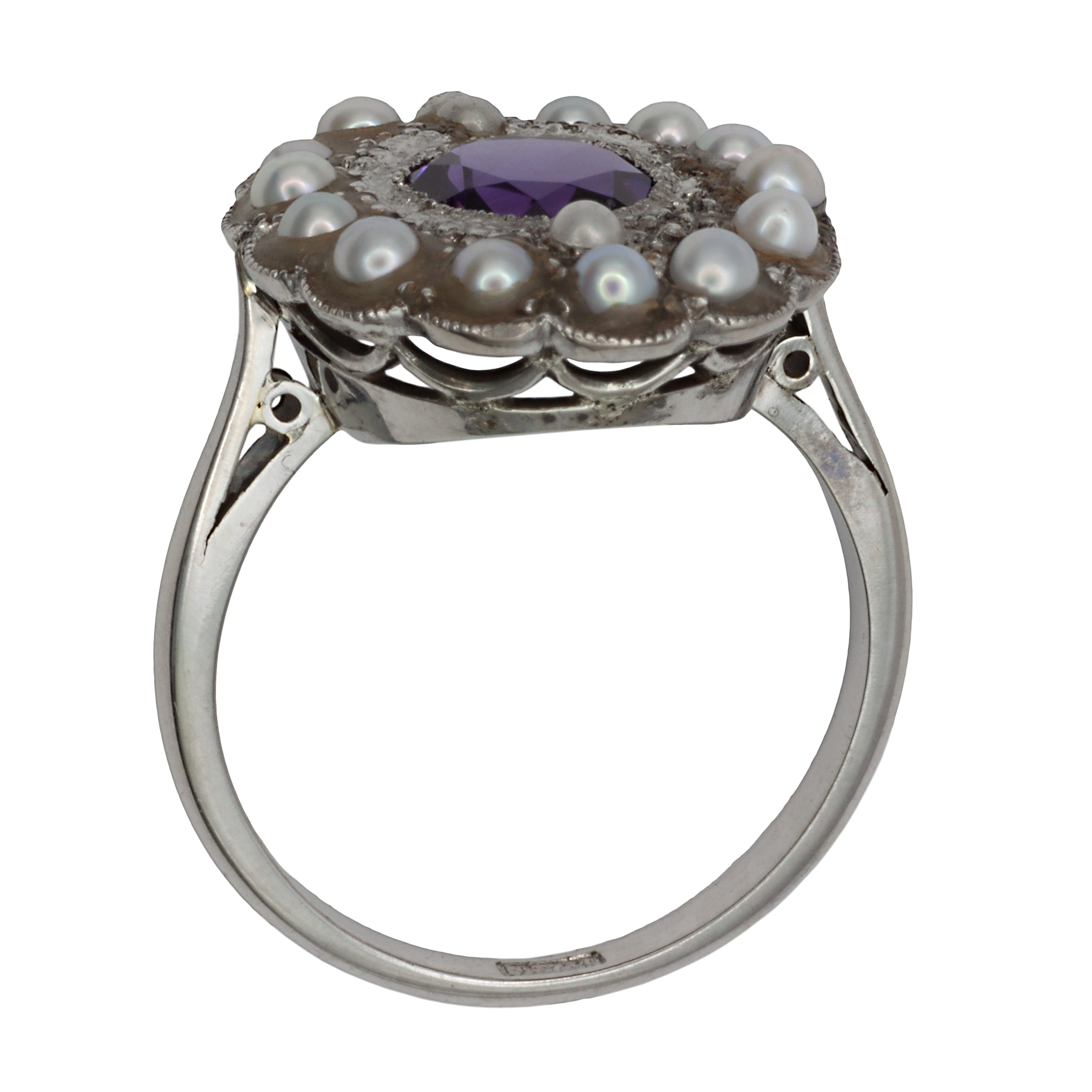 An 18ct white gold amethyst and seed pearl ring