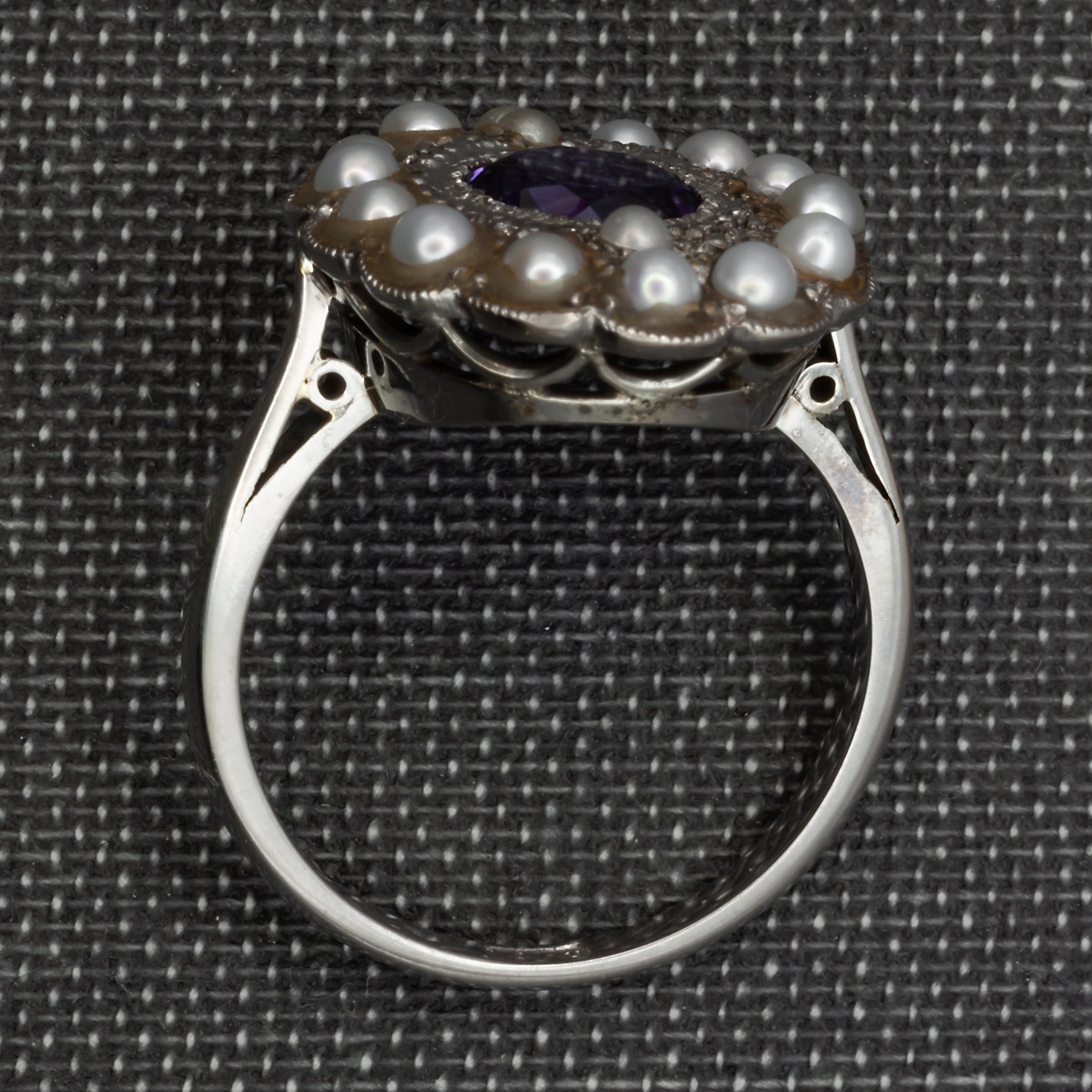 An 18ct white gold amethyst and seed pearl ring