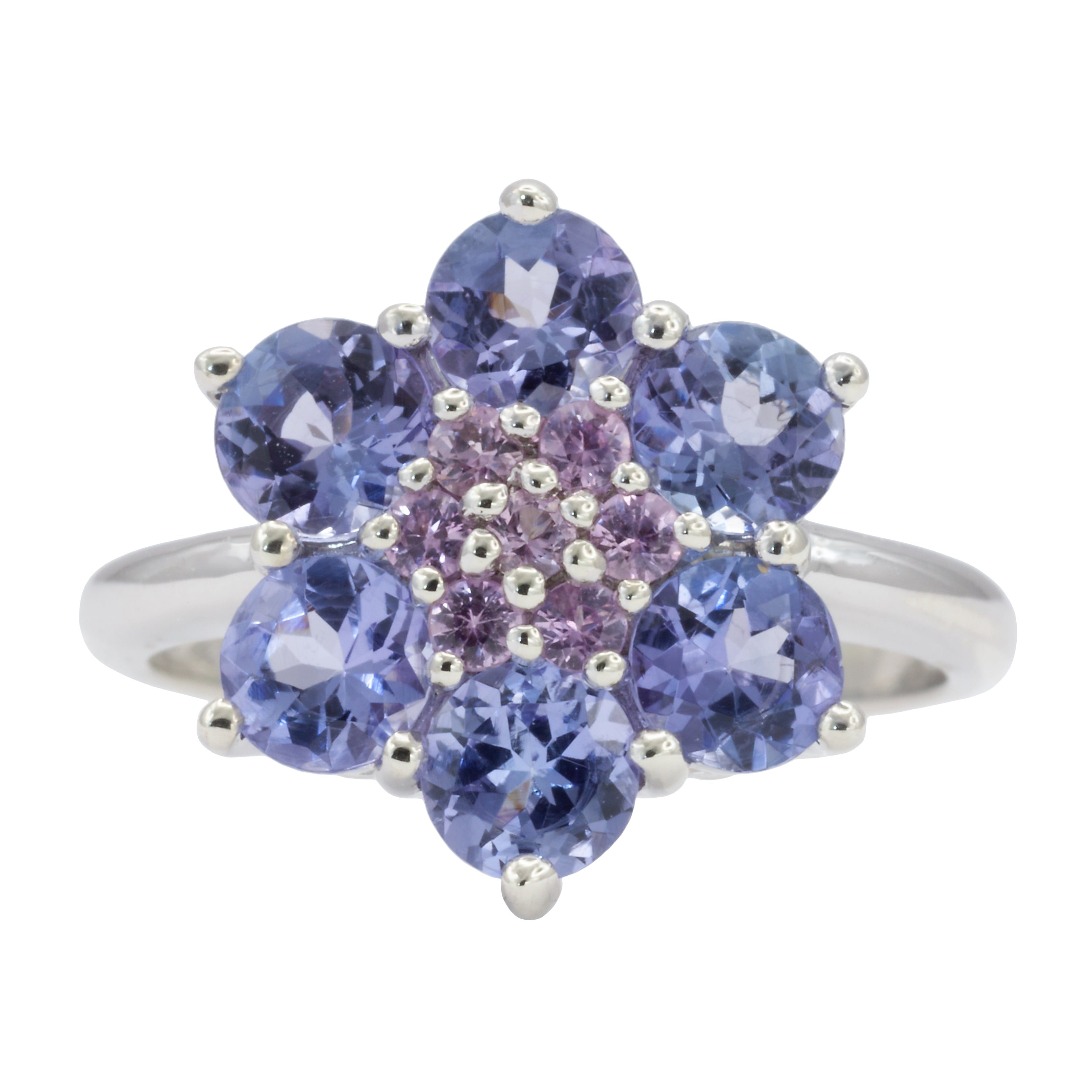 A 9ct white gold tanzanite and pink diamond ring
