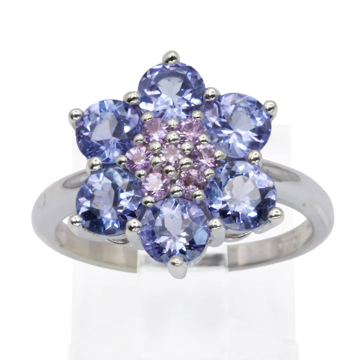 A 9ct white gold tanzanite and pink diamond ring