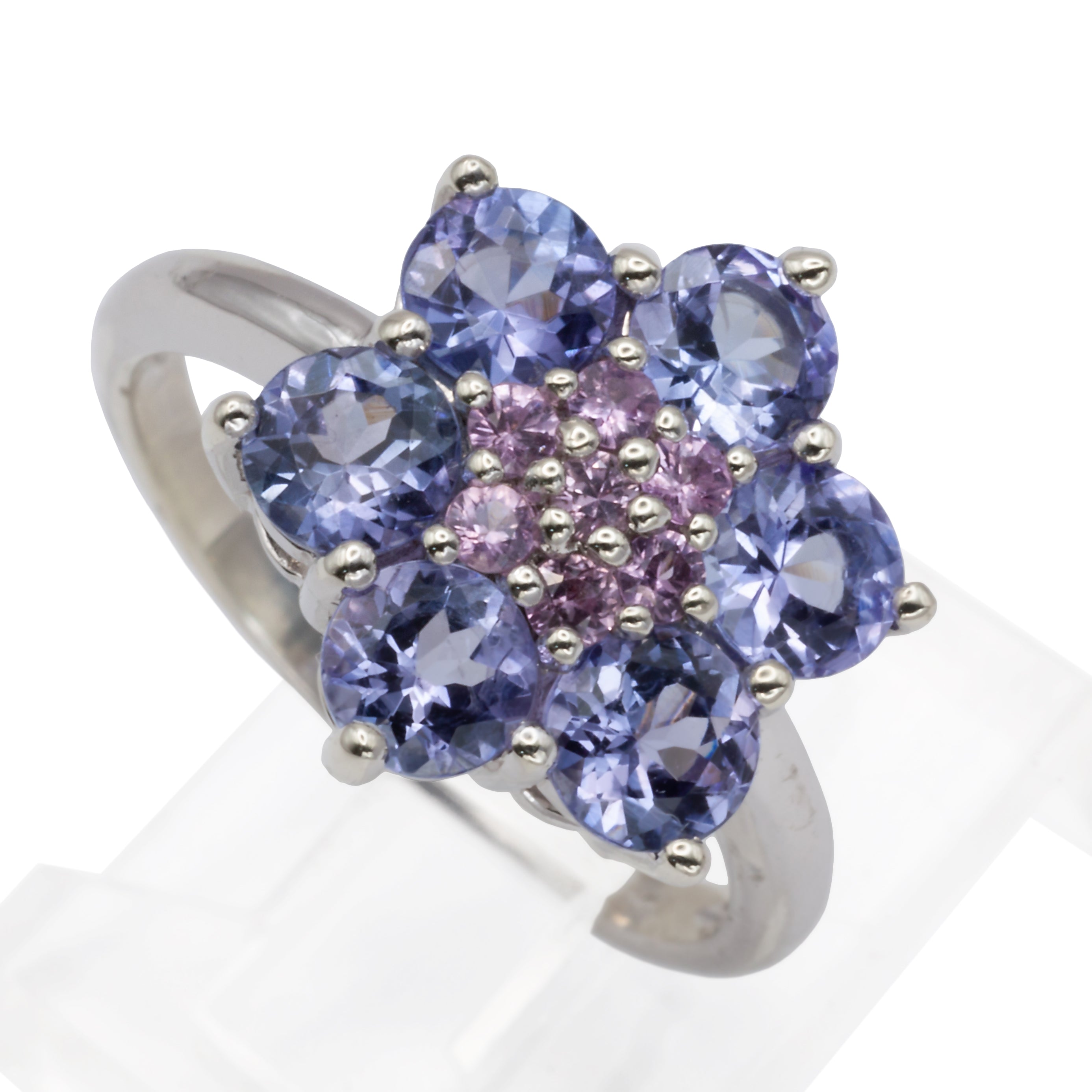 A 9ct white gold tanzanite and pink diamond ring