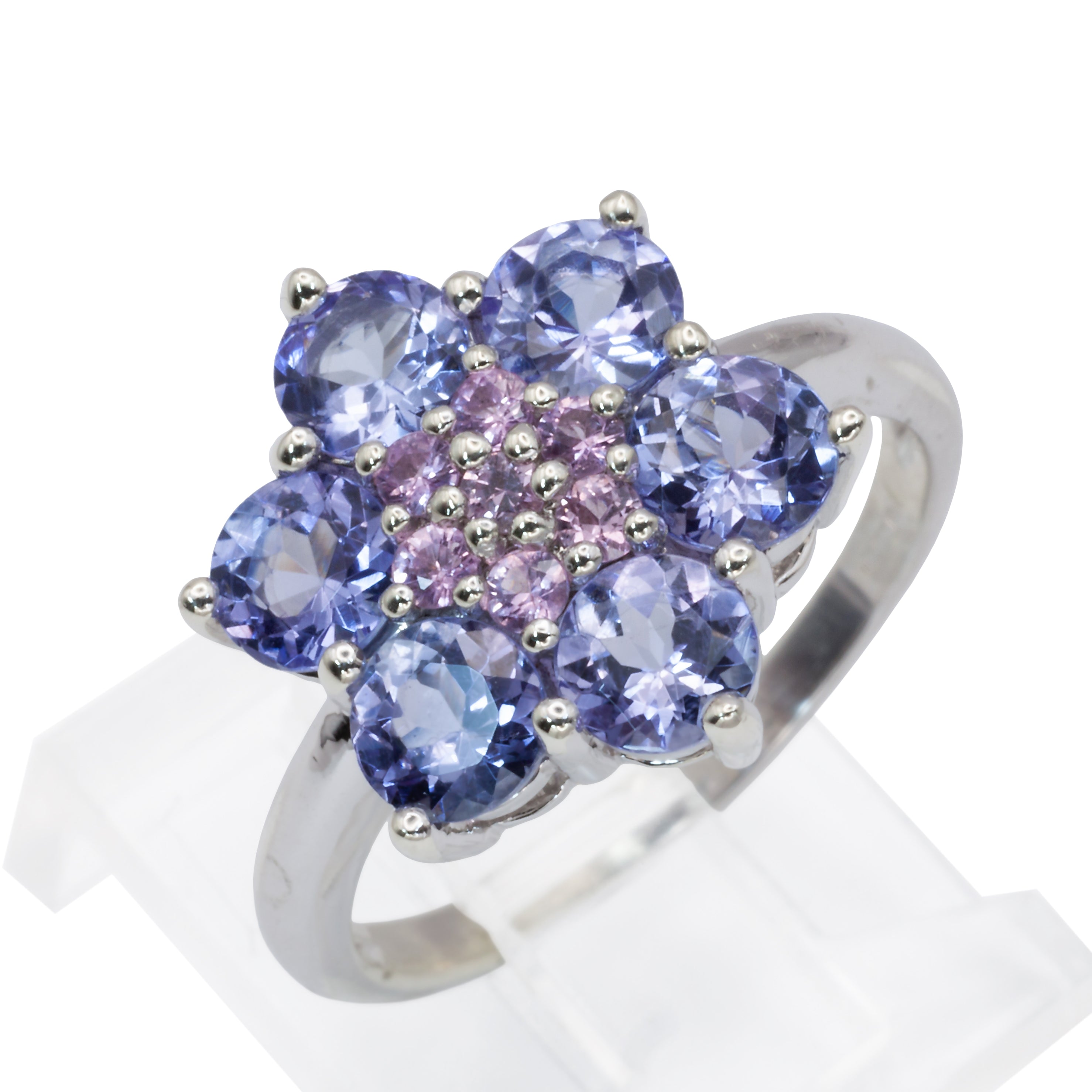 A 9ct white gold tanzanite and pink diamond ring