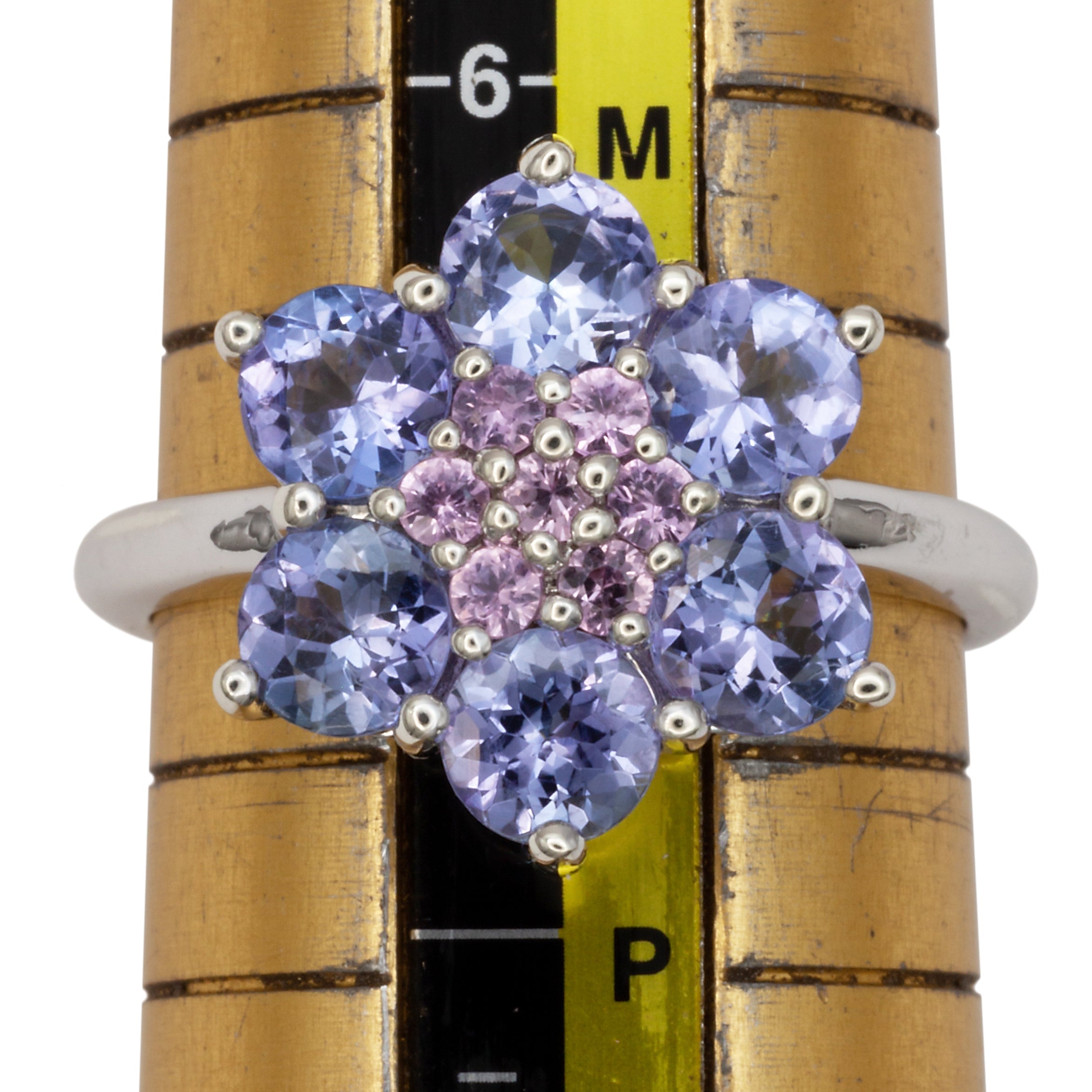 A 9ct white gold tanzanite and pink diamond ring