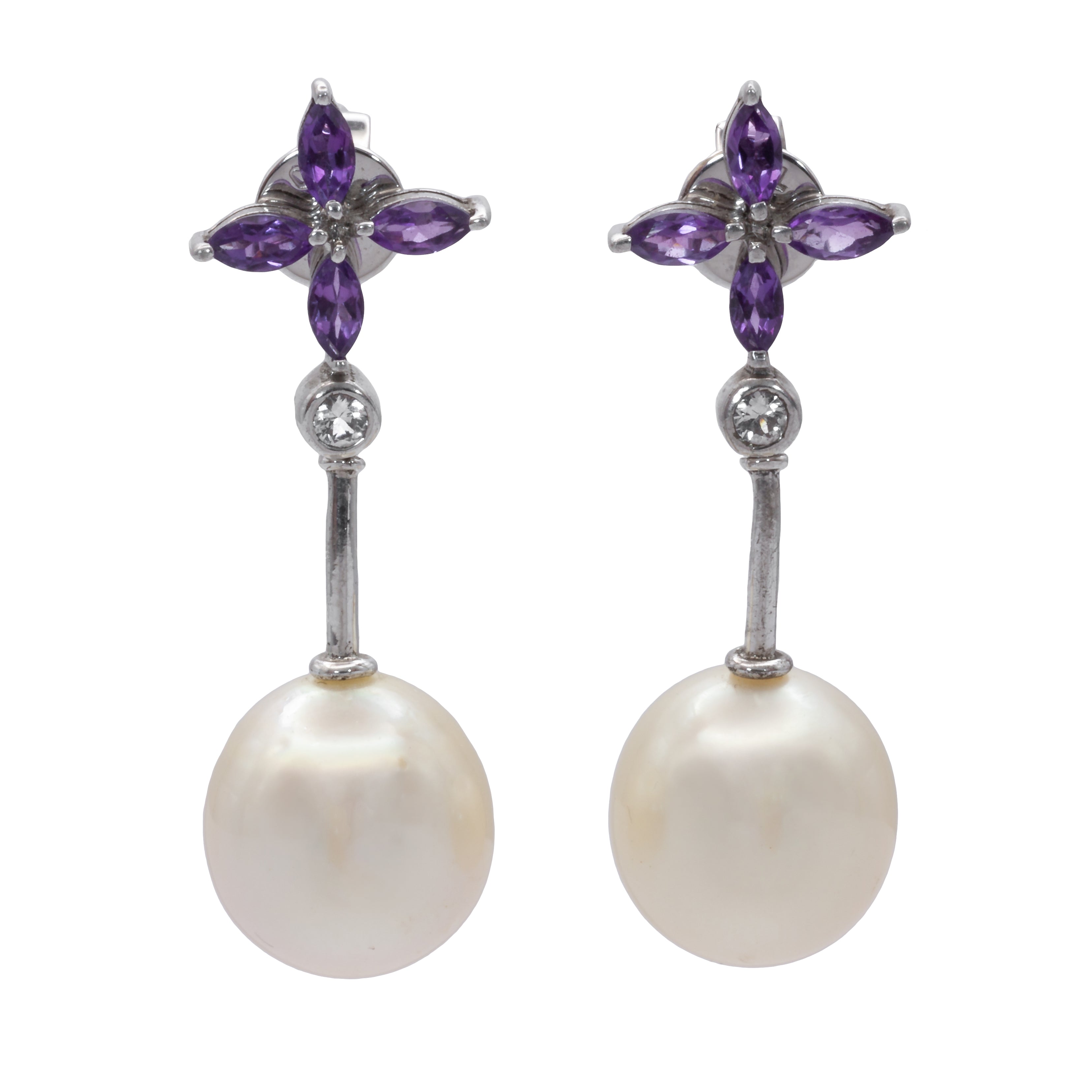 A pair of 18ct white gold pearl, amethyst, and diamond earrings