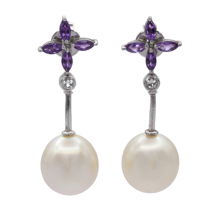 A pair of 18ct white gold pearl, amethyst, and diamond earrings