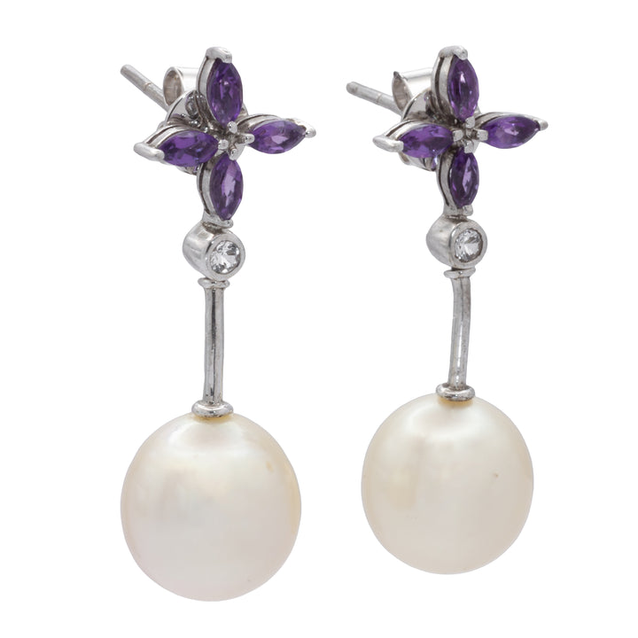 A pair of 18ct white gold pearl, amethyst, and diamond earrings