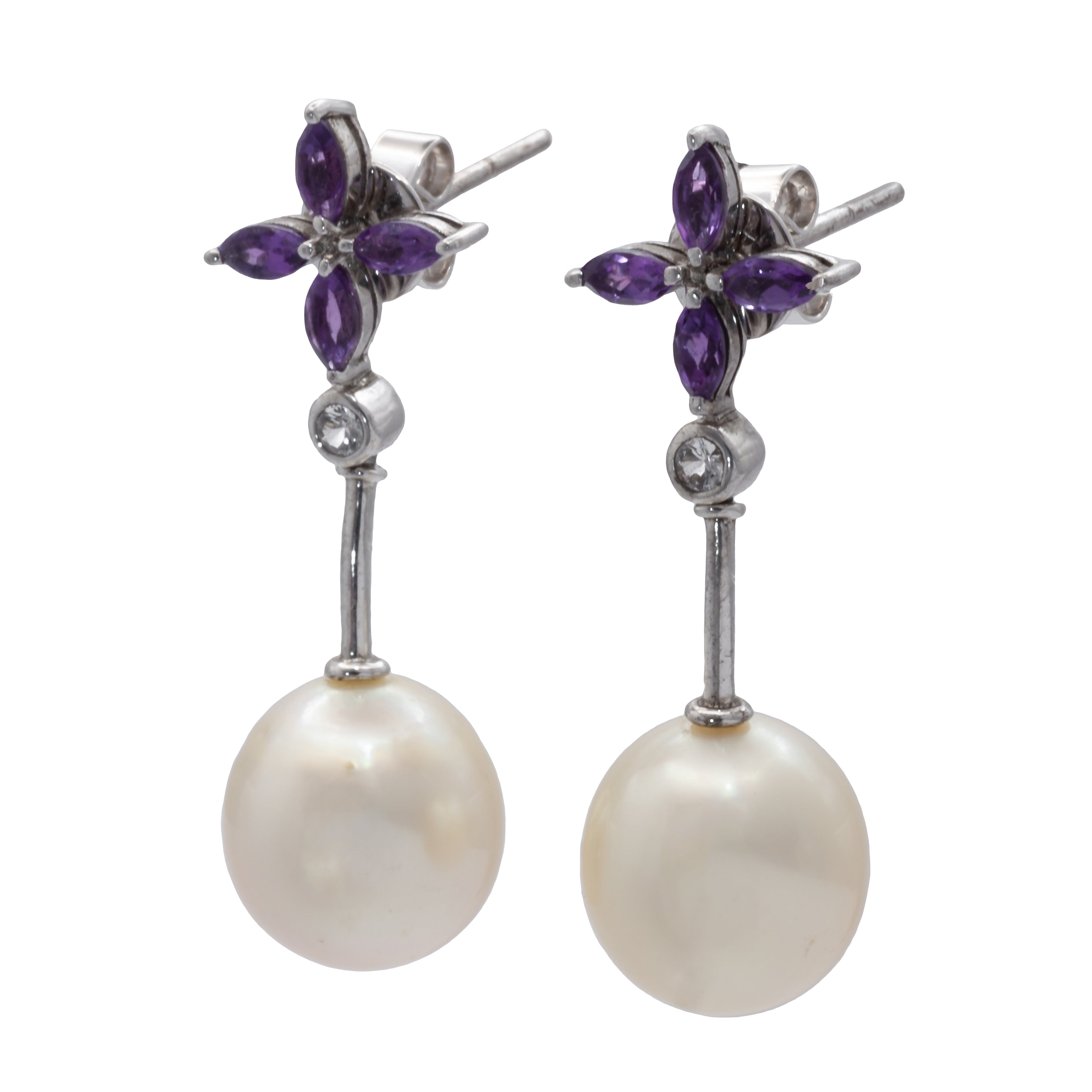 A pair of 18ct white gold pearl, amethyst, and diamond earrings