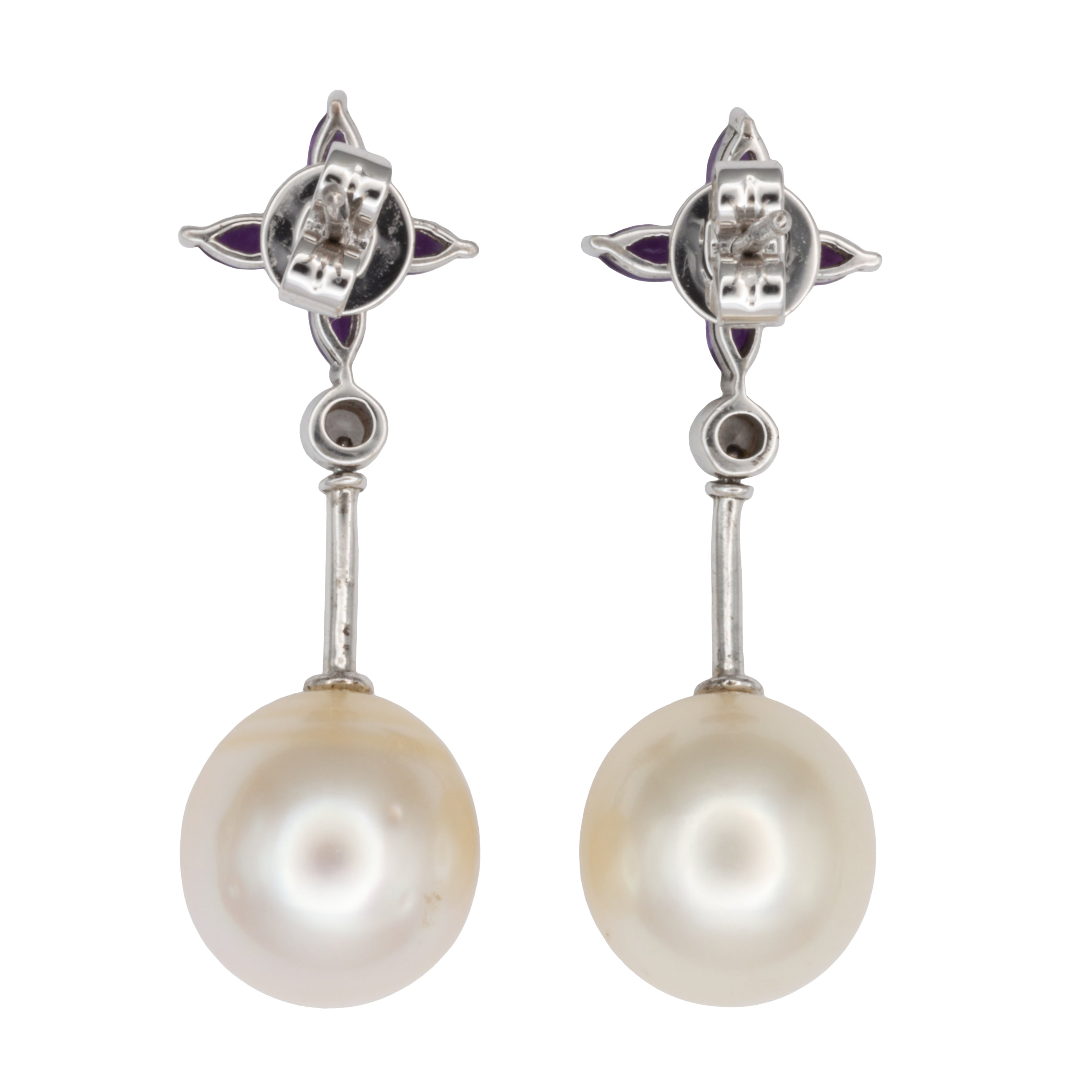 A pair of 18ct white gold pearl, amethyst, and diamond earrings