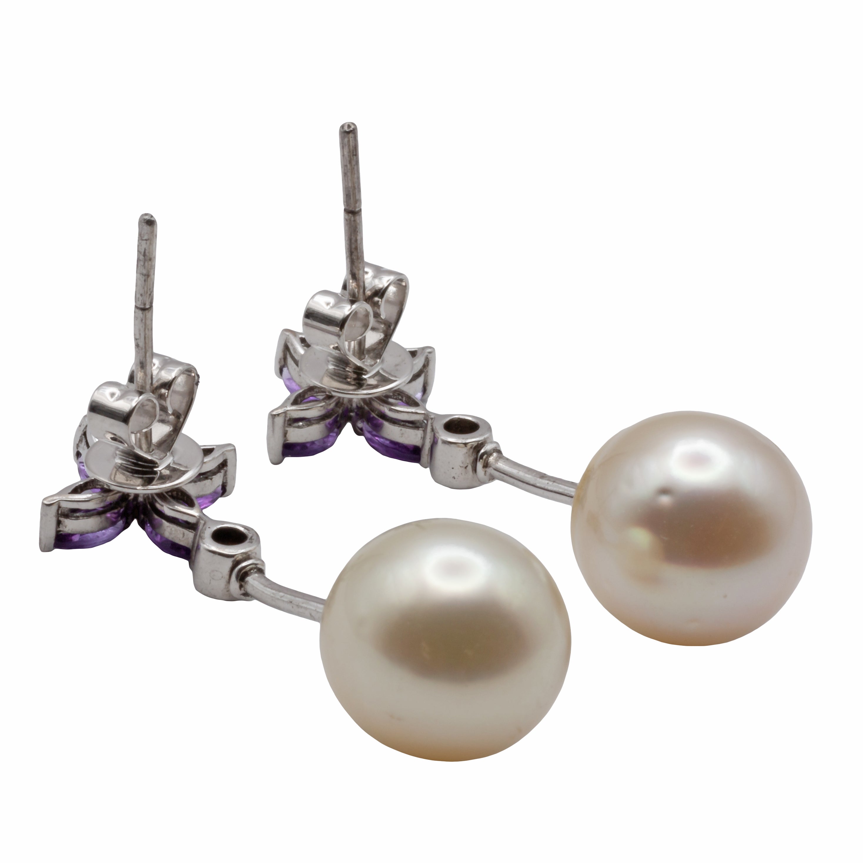 A pair of 18ct white gold pearl, amethyst, and diamond earrings
