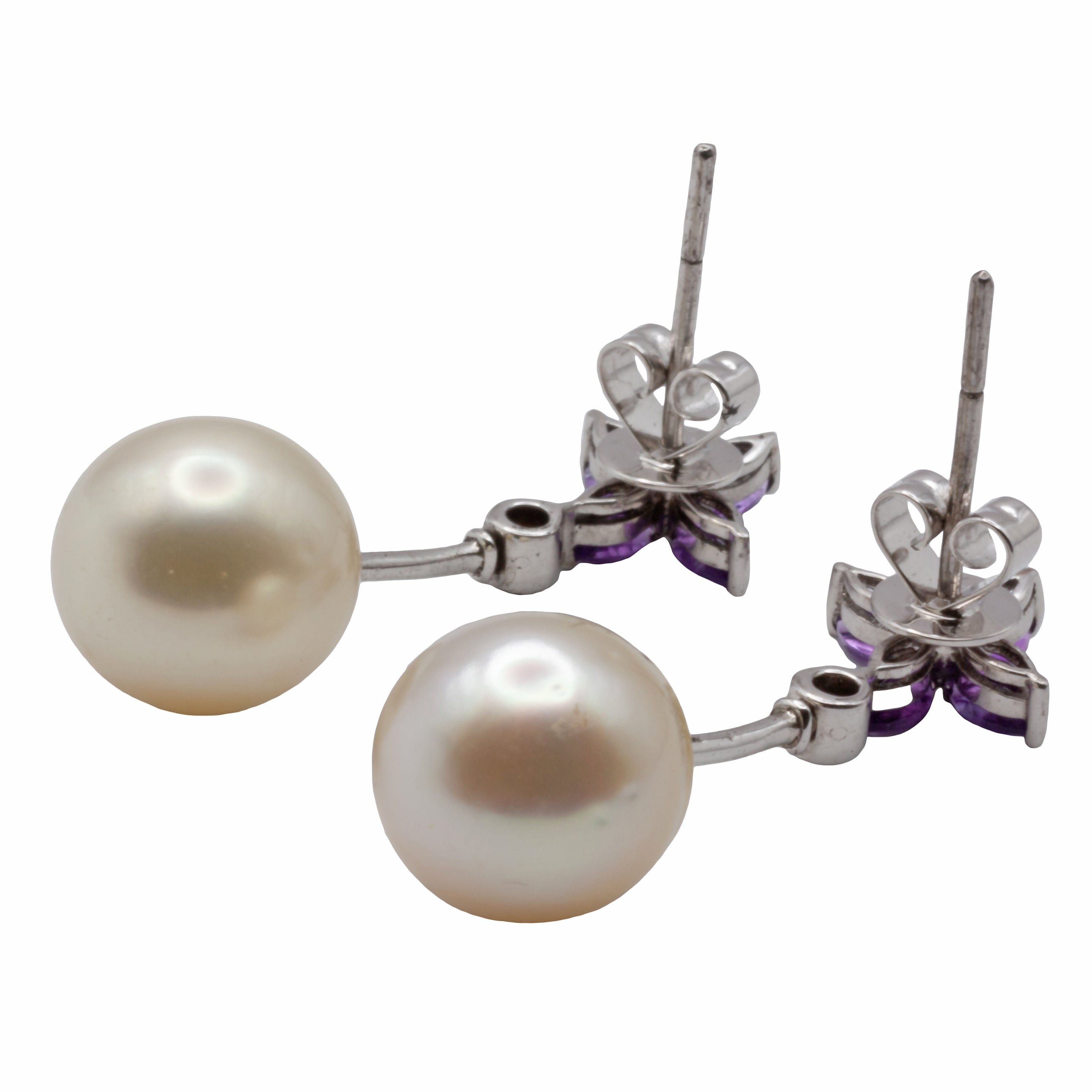 A pair of 18ct white gold pearl, amethyst, and diamond earrings