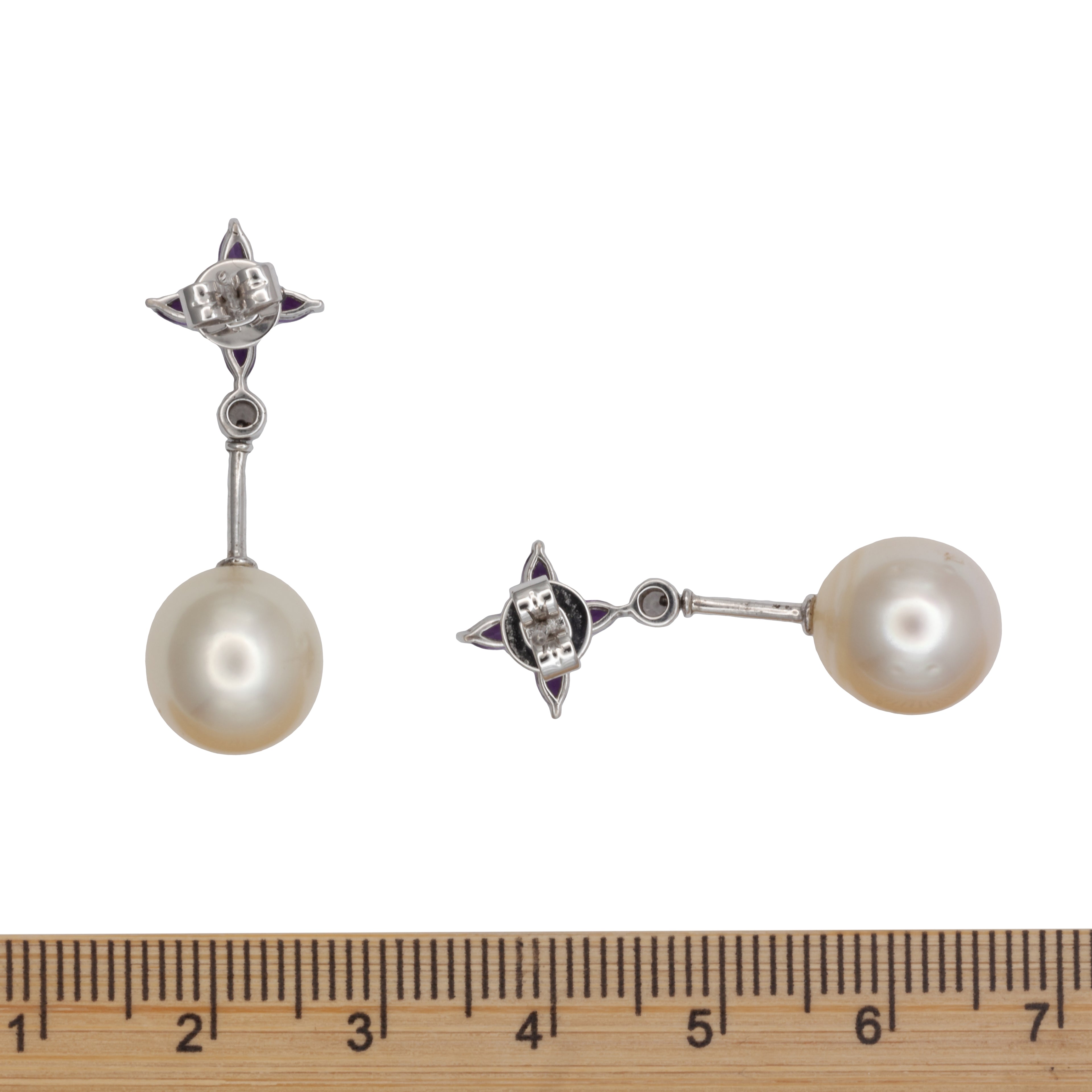 A pair of 18ct white gold pearl, amethyst, and diamond earrings