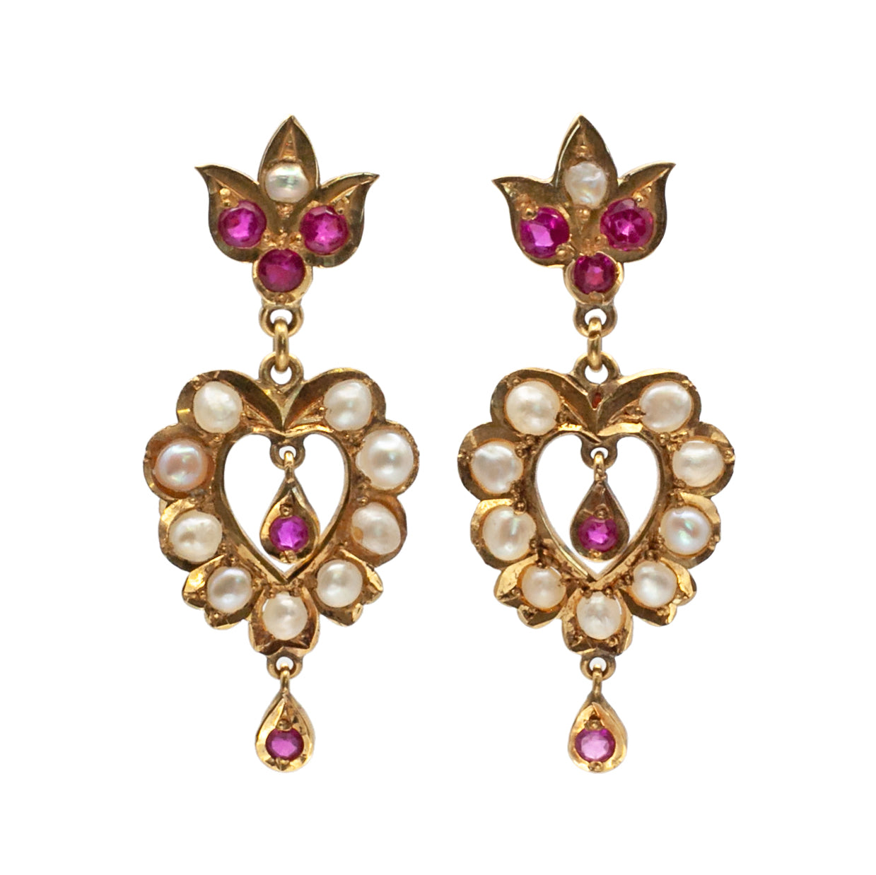 An antique pair of 9ct gold ruby and seed pearl earrings