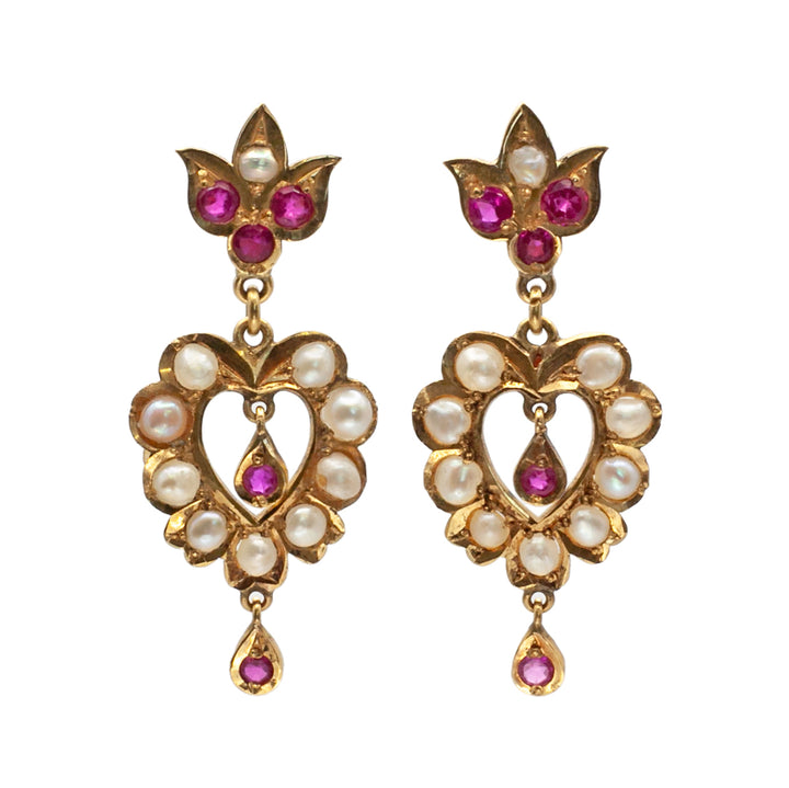 An antique pair of 9ct gold ruby and seed pearl earrings