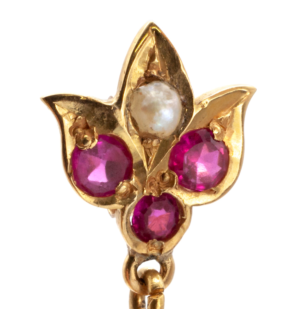An antique pair of 9ct gold ruby and seed pearl earrings
