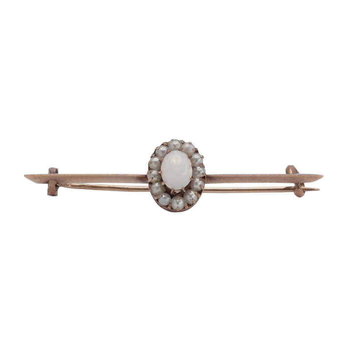 A 9ct gold opal and seed pearl brooch