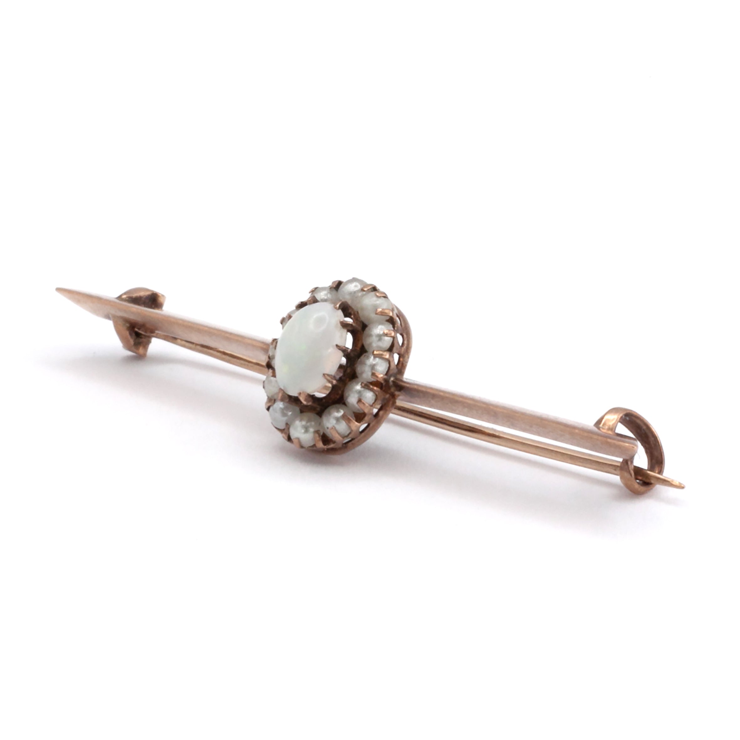 A 9ct gold opal and seed pearl brooch
