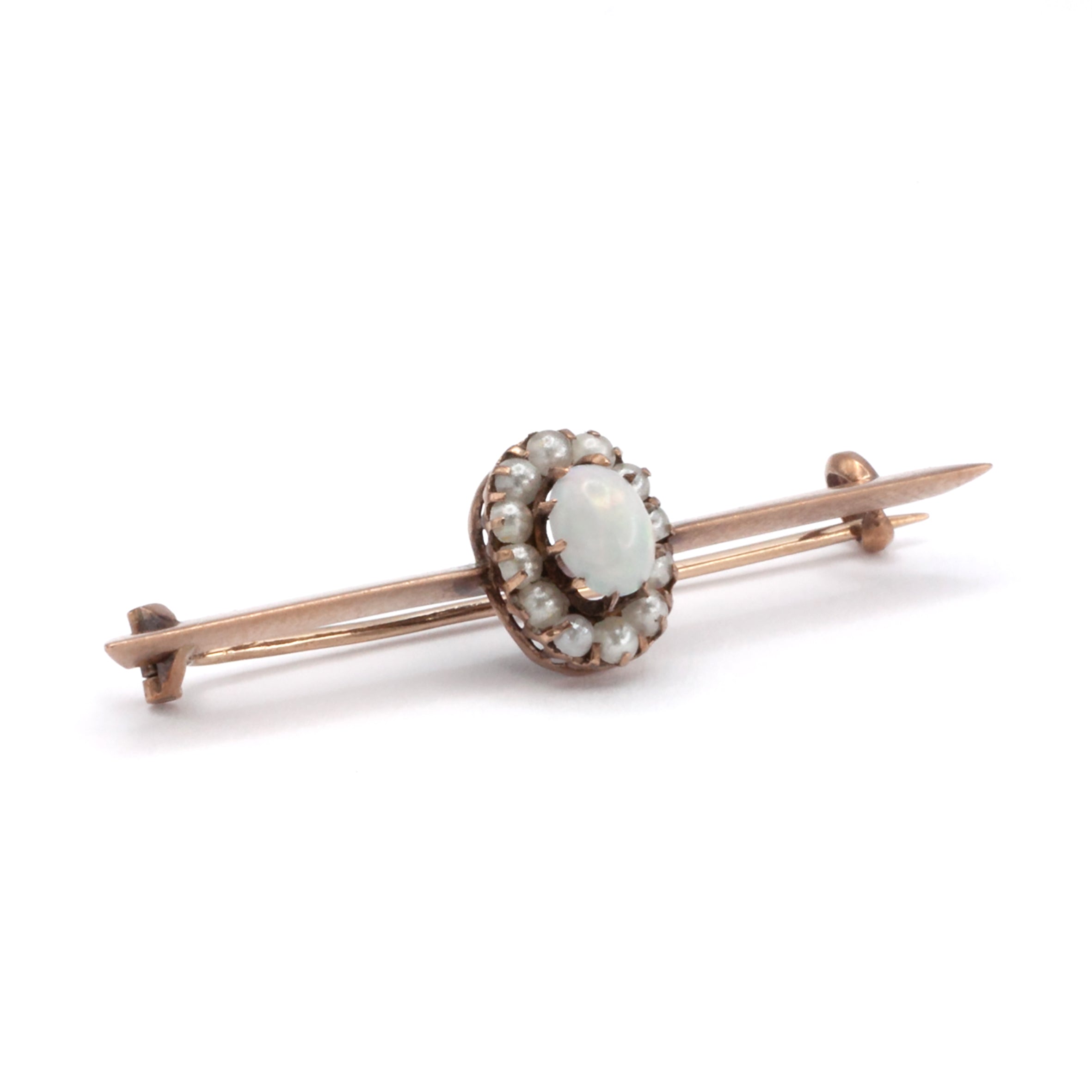 A 9ct gold opal and seed pearl brooch